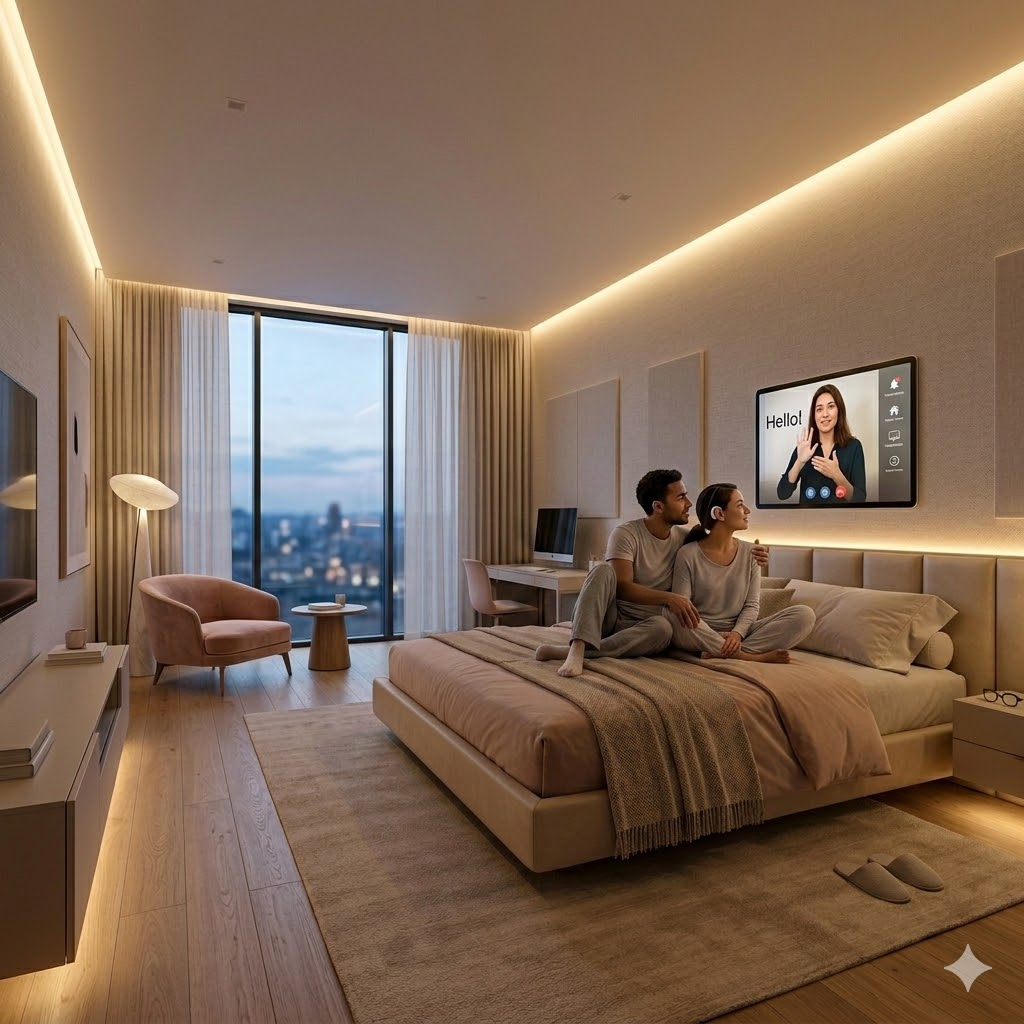 Quarto adaptado para deficiência auditiva com avisadores luminosos